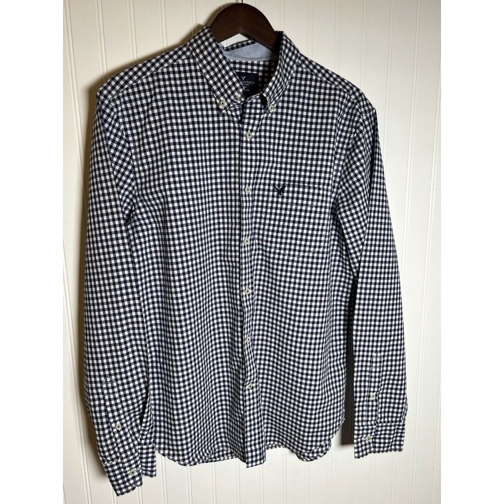 Men’s Navy And White Checkered Button Up Shirt Size L 100% Cotton